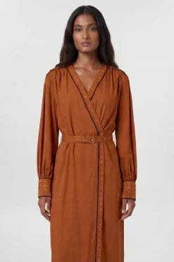 Robe Portefeuille Tissée En Viscose Et Lin Premium Avec Détails Cloutés