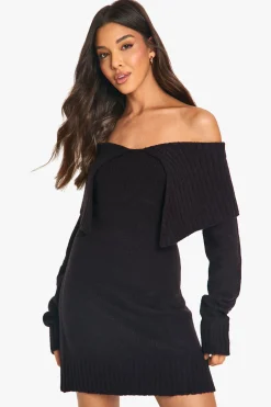 Robe pull en maille douce à col oversize et épaules dénudées