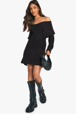 Robe pull en maille douce à col oversize et épaules dénudées