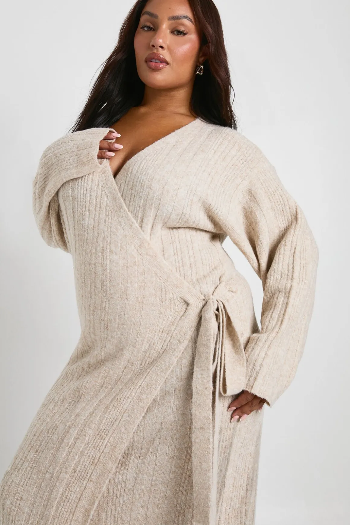 Robe Pull Légère en Côtes Mixtes Enveloppante Grande Taille