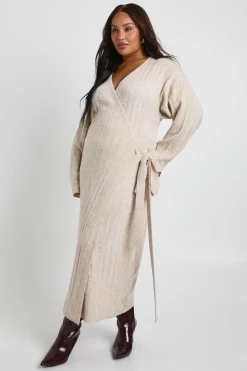 Robe Pull Légère en Côtes Mixtes Enveloppante Grande Taille