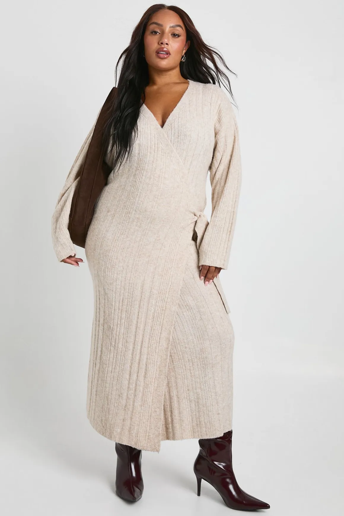 Robe Pull Légère en Côtes Mixtes Enveloppante Grande Taille