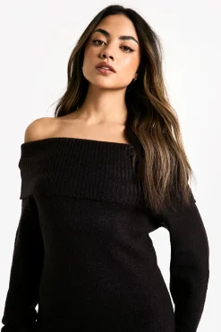 boohoo Robe pull mini à encolure Bardot et texture côtelée<Femme Robes À Manches Longues|Robes