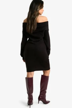 boohoo Robe pull mini à encolure Bardot et texture côtelée<Femme Robes À Manches Longues|Robes