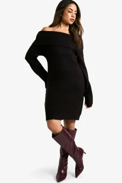 boohoo Robe pull mini à encolure Bardot et texture côtelée<Femme Robes À Manches Longues|Robes