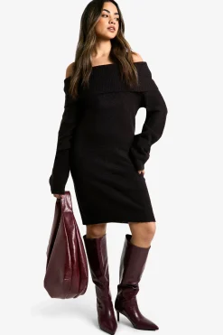 boohoo Robe pull mini à encolure Bardot et texture côtelée<Femme Robes À Manches Longues|Robes