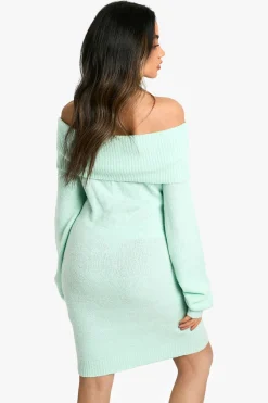 Robe pull mini à encolure Bardot et effet côtelé