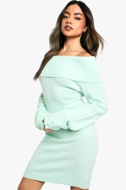 Robe pull mini à encolure Bardot et effet côtelé