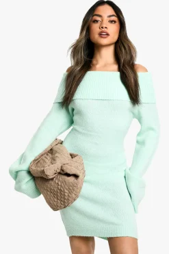 Robe pull mini à encolure Bardot et effet côtelé