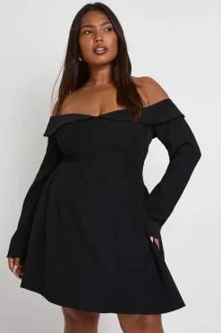 Robe skater Bardot structurée à manches longues Plus
