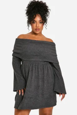 Robe skater à côtes brossées et épaules dénudées Plus