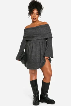 Robe skater à côtes brossées et épaules dénudées Plus