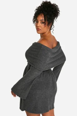 Robe skater à côtes brossées et épaules dénudées Plus