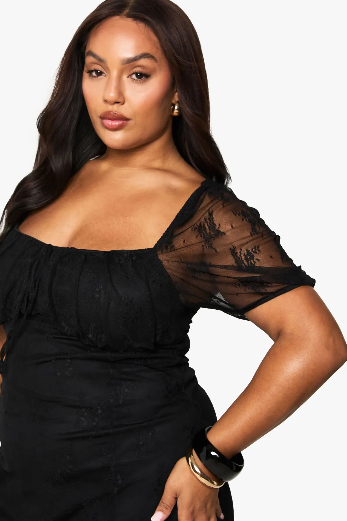 boohoo Robe skater en dentelle à manches bouffantes pour grandes tailles<Femme Satin Et Dentelle|Robes Patineuses