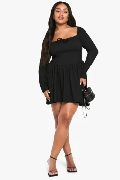 Robe skater grande taille avec détails côtelés et nœud