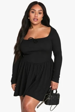 Robe skater grande taille avec détails côtelés et nœud