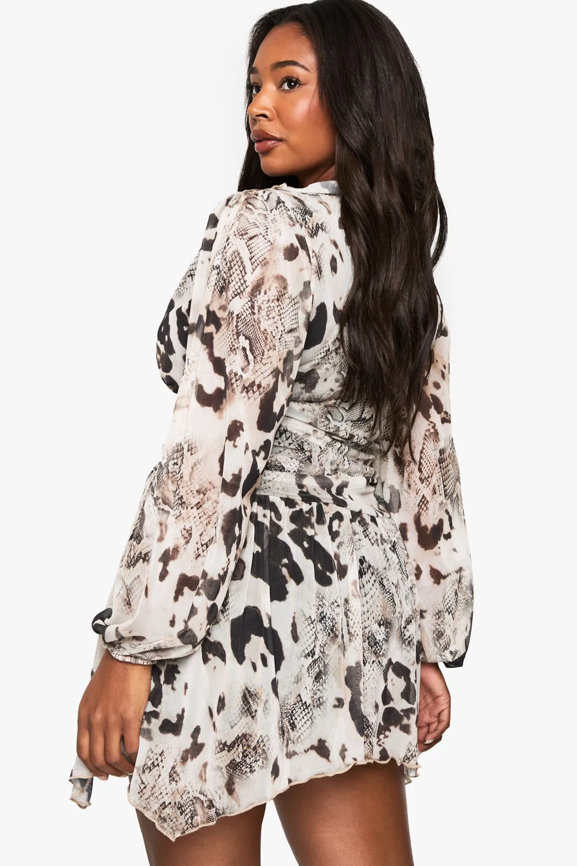 robe skater grande taille en résille à imprimé animalier et volants