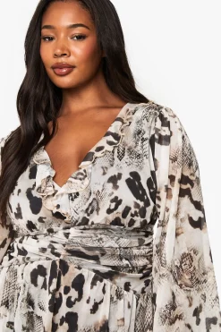 robe skater grande taille en résille à imprimé animalier et volants