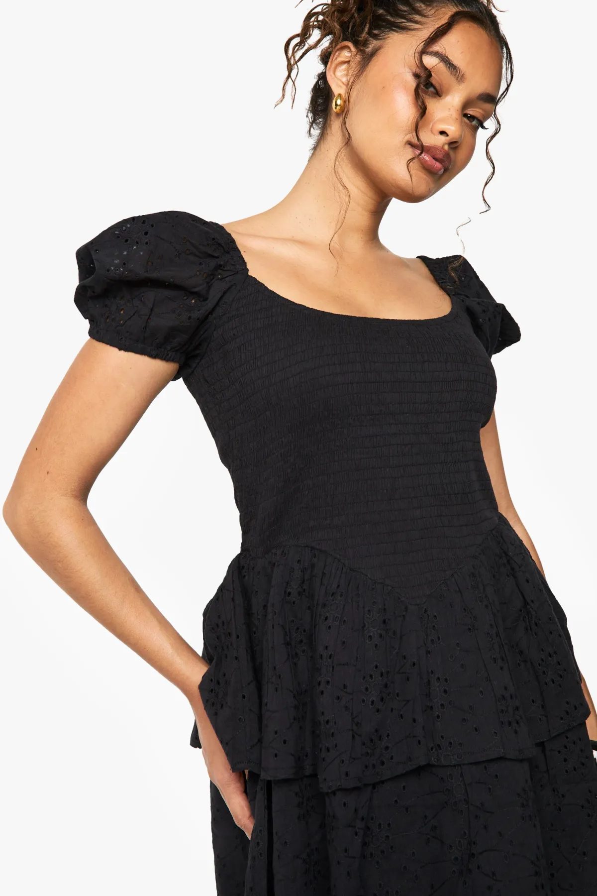 boohoo Robe skater à manches bouffantes et broderie anglaise<Femme Robes Patineuses|Robes Bohème