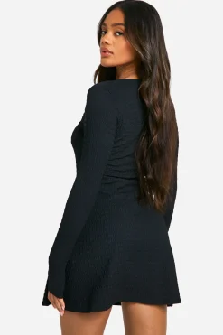 boohoo Robe Skater Texturée à Nœud à l'Avant<Femme Robes Patineuses|Robes À Manches Longues