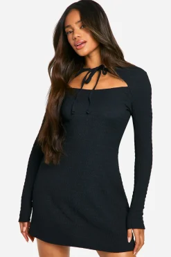 boohoo Robe Skater Texturée à Nœud à l'Avant<Femme Robes Patineuses|Robes À Manches Longues