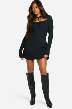 boohoo Robe Skater Texturée à Nœud à l'Avant<Femme Robes Patineuses|Robes À Manches Longues