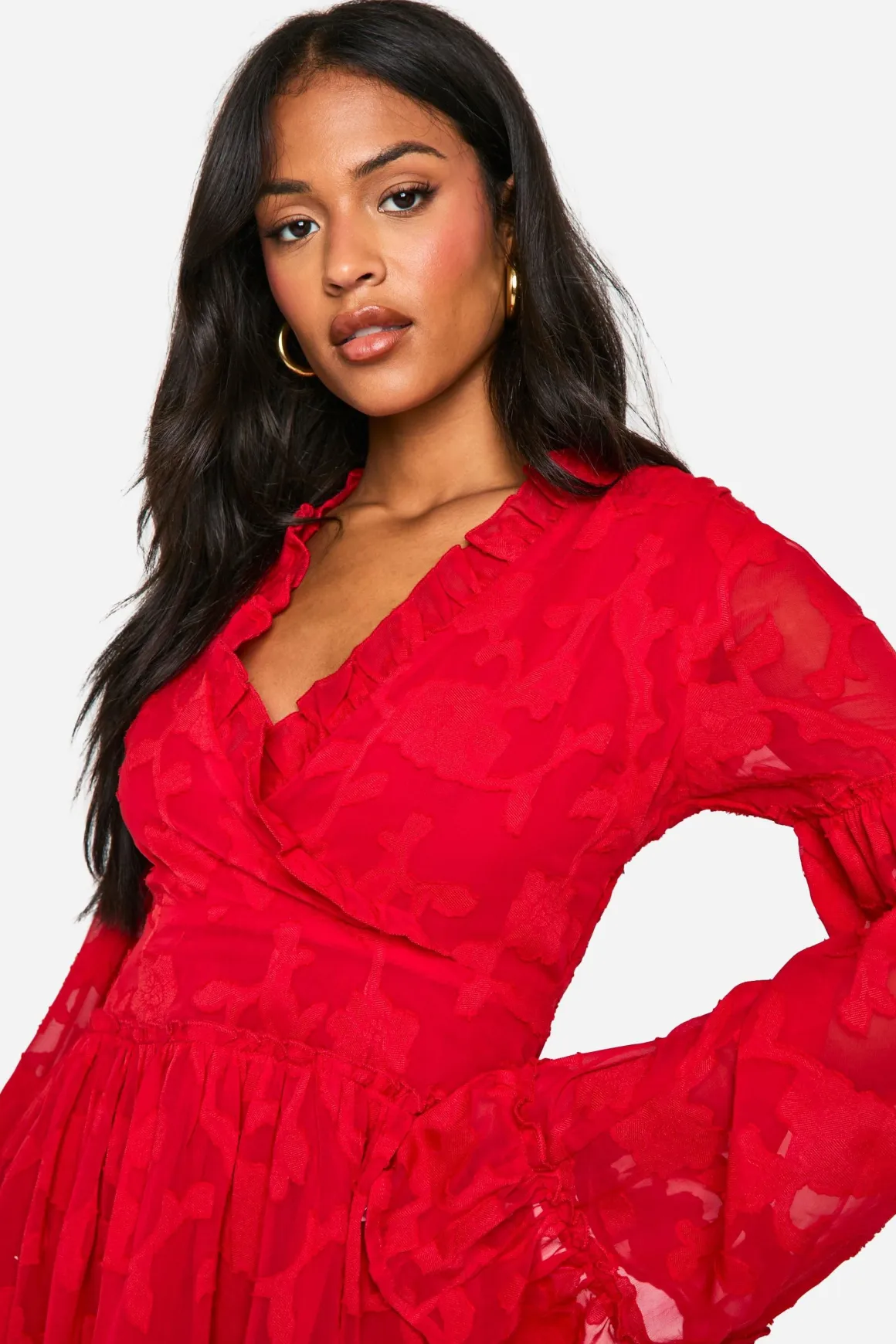 Robe skater à volants floral en tissu burnout pour grande taille