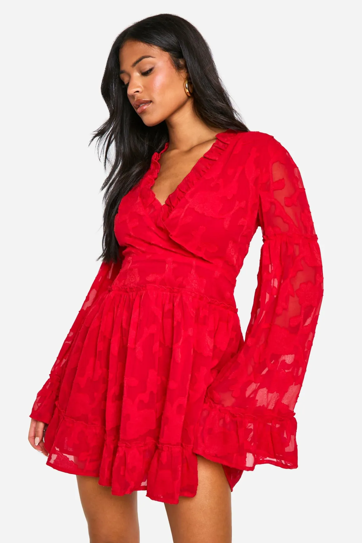 Robe skater à volants floral en tissu burnout pour grande taille