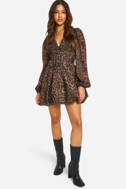 Robe skateur en chiffon à imprimé léopard, style laitière et manches bouffantes