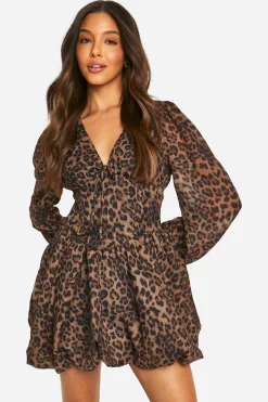 Robe skateur en chiffon à imprimé léopard, style laitière et manches bouffantes
