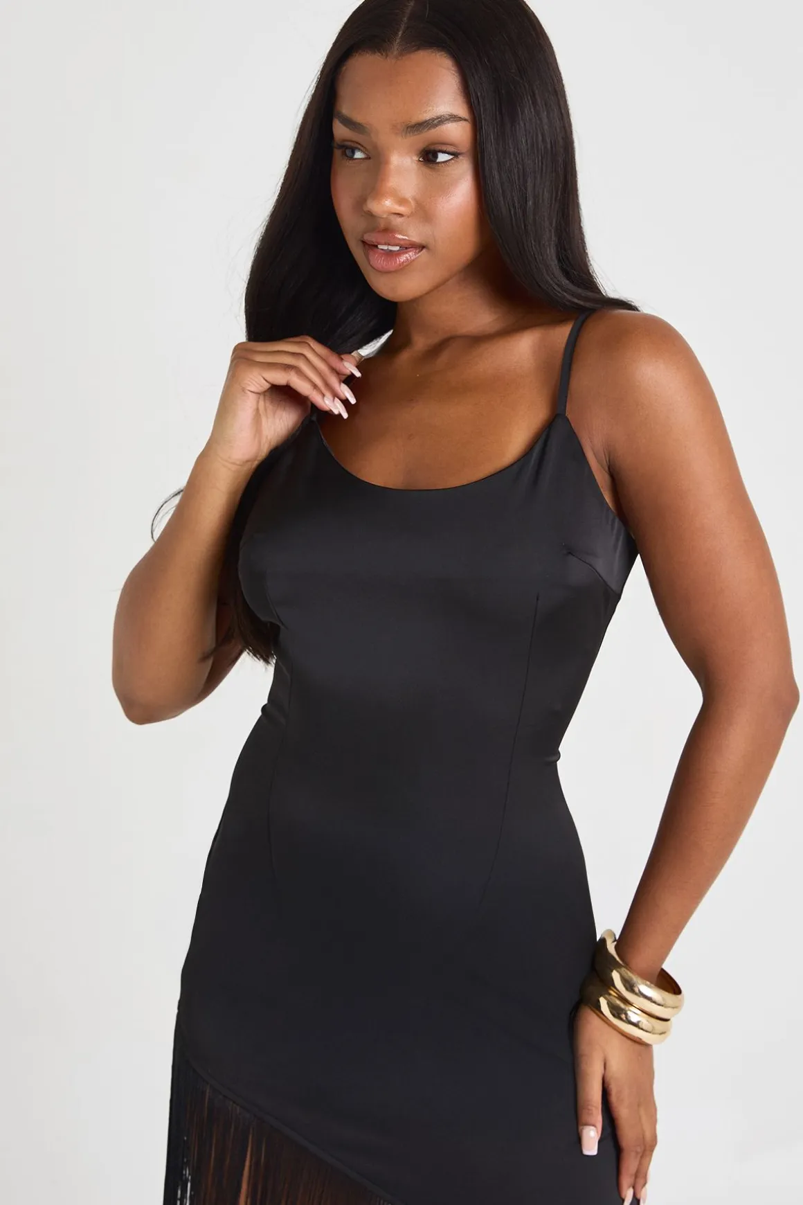 ROBE SLIP MIDAXI EN SATIN À FRANGES