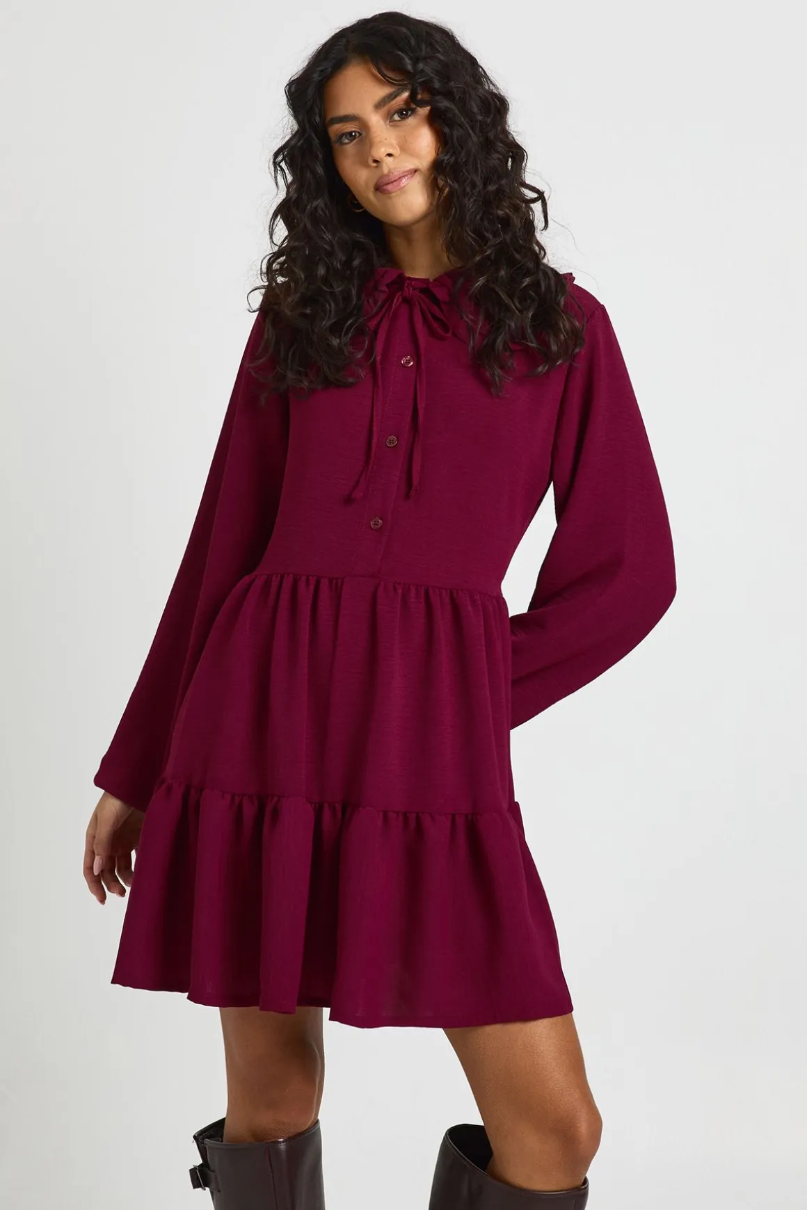 Robe Smock à Col Volant Martelé