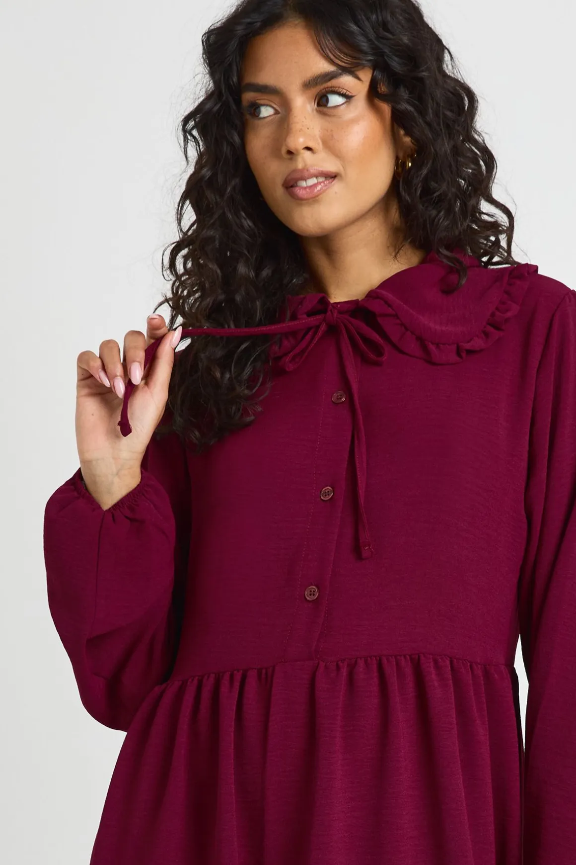 Robe Smock à Col Volant Martelé