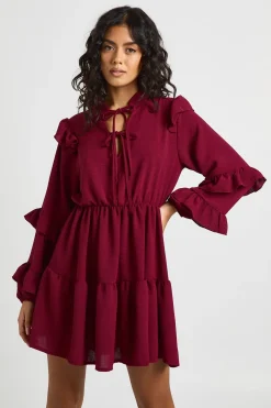 Robe Smock à Détails Volantés et Nœud Devant Effet Martelé