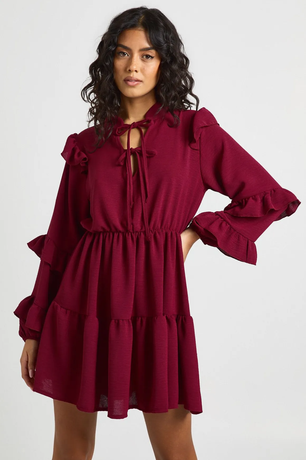 Robe Smock à Détails Volantés et Nœud Devant Effet Martelé