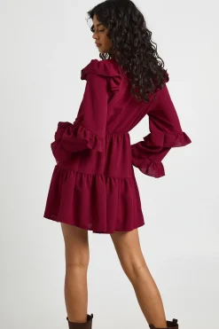 Robe Smock à Détails Volantés et Nœud Devant Effet Martelé