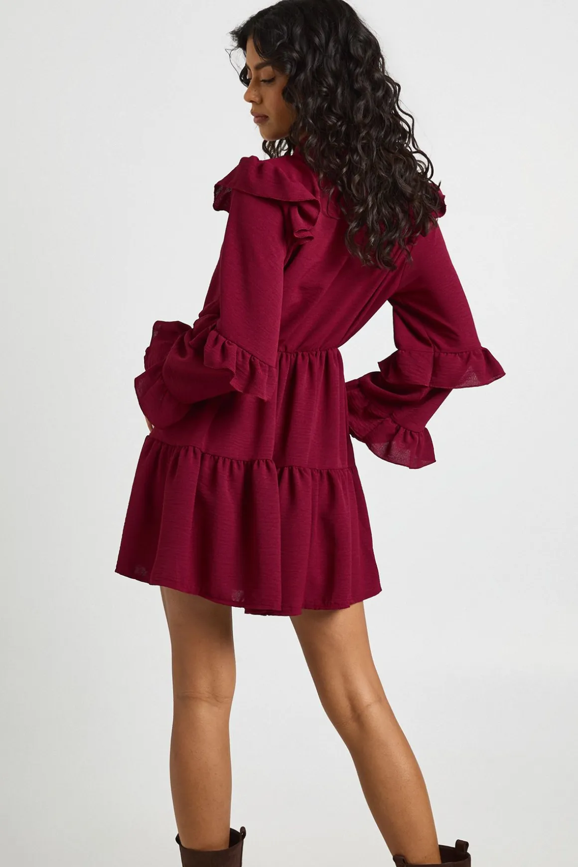 Robe Smock à Détails Volantés et Nœud Devant Effet Martelé
