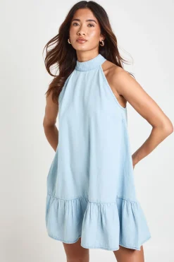 Robe Smockée Col Halter En Chambray