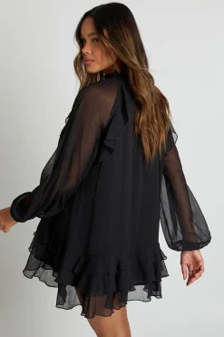 boohoo Robe Smockée En Mousseline À Volants<Femme Robes Courtes|Robes À Manches Longues