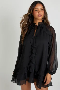 boohoo Robe Smockée En Mousseline À Volants<Femme Robes Courtes|Robes À Manches Longues