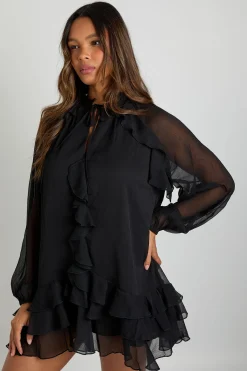 boohoo Robe Smockée En Mousseline À Volants<Femme Robes Courtes|Robes À Manches Longues