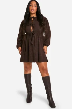 Robe smockée grande taille en jersey côtelé doux à nouer à l'avant