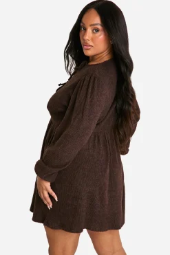 Robe smockée grande taille en jersey côtelé doux à nouer à l'avant