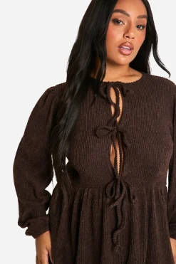 Robe smockée grande taille en jersey côtelé doux à nouer à l'avant