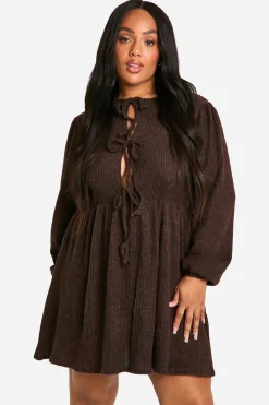 Robe smockée grande taille en jersey côtelé doux à nouer à l'avant