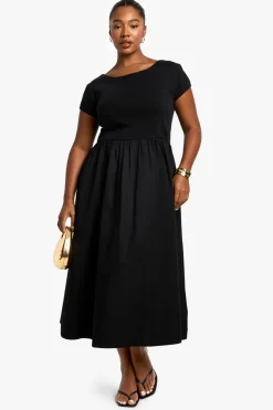Robe Smockée À Manches Courtes En Popeline De Coton Côtelée Grande Taille