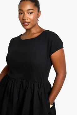 Robe Smockée À Manches Courtes En Popeline De Coton Côtelée Grande Taille