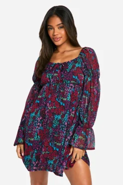 Robe smockée à manches longues en chiffon froissé floral