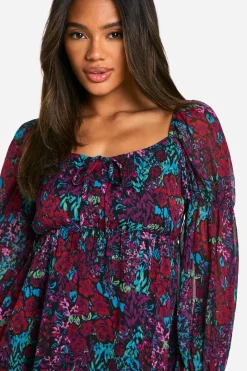 Robe smockée à manches longues en chiffon froissé floral