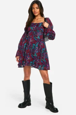 Robe smockée à manches longues en chiffon froissé floral